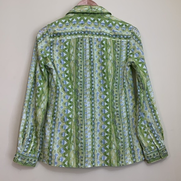 Sigrid Olsen | 100% Linen Green White Mixed Print Button Down Collared Shirt XS - Picture 17 of 17